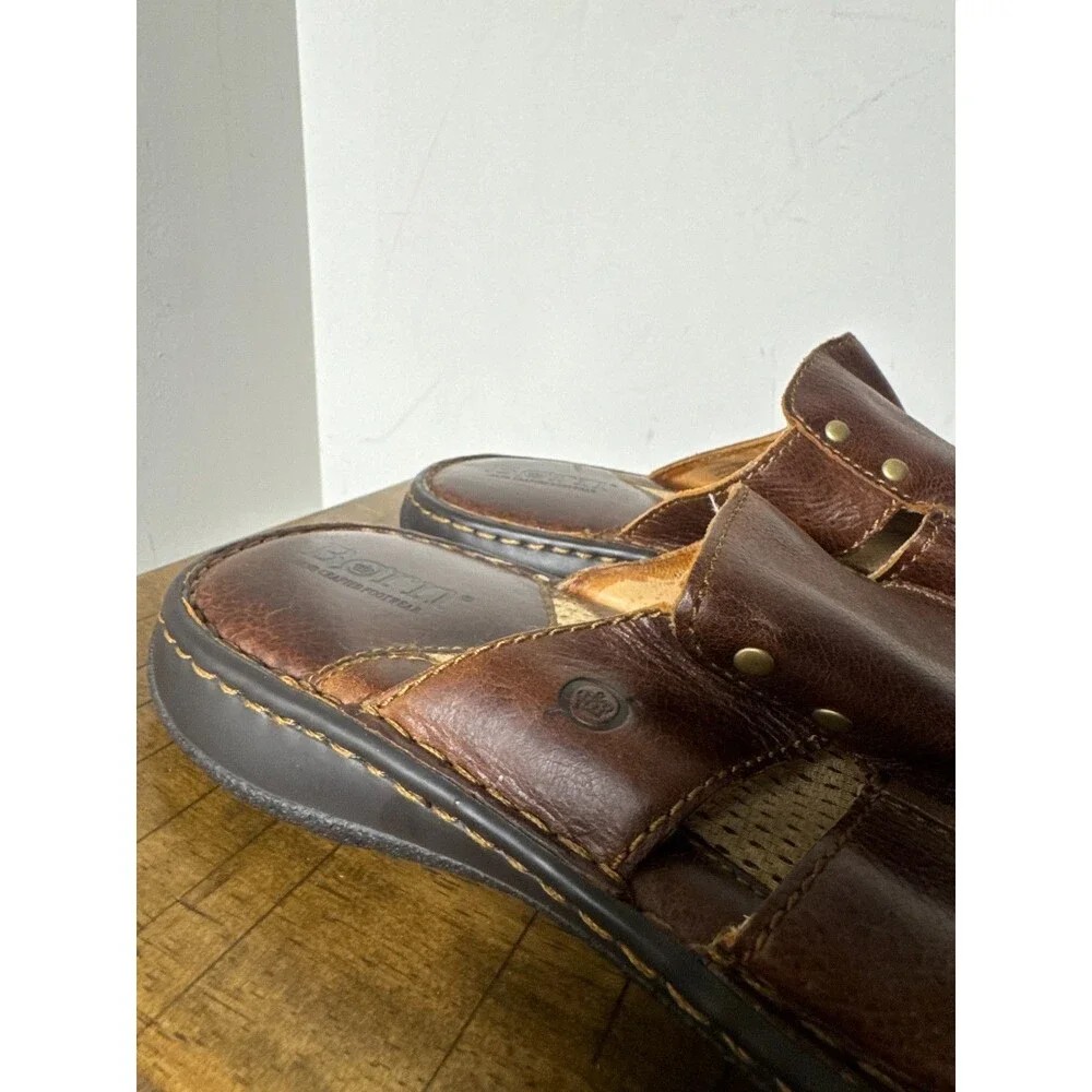 Born Men’s 14M Brown Leather Slide Sandals Comfort Cushioned Slip On